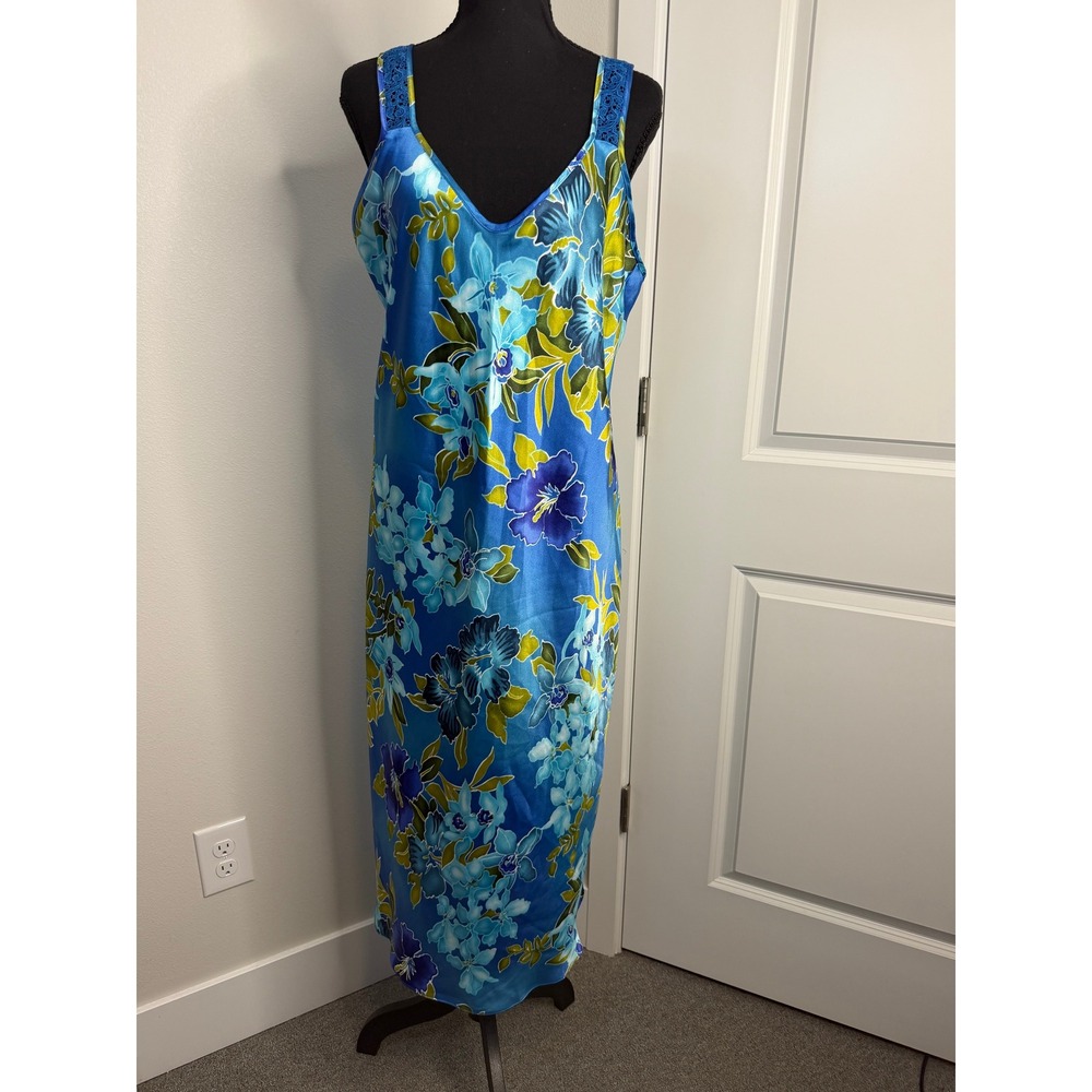 VTG California Dynasty Blue Green Floral Satin Nightgown Slip Dress Robe Set‎  L